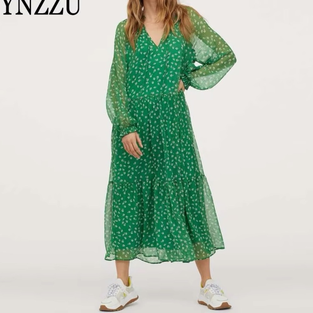 H&M Floral Flounce Green Chiffon Long Sleeve Maxi Dress sz M - Picture 8 of 8